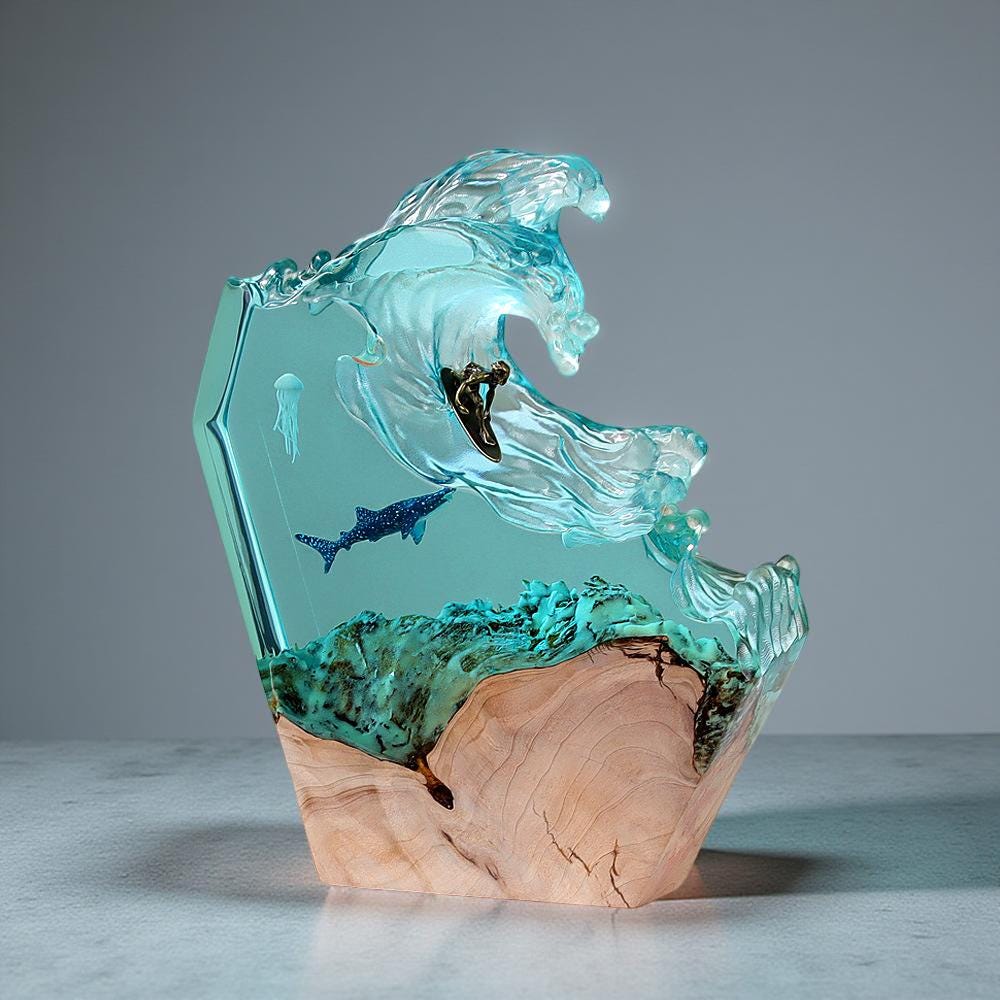 Ocean Wave & Whale Resin Art Lamp – Handmade Wave Sculpture with Wood Base