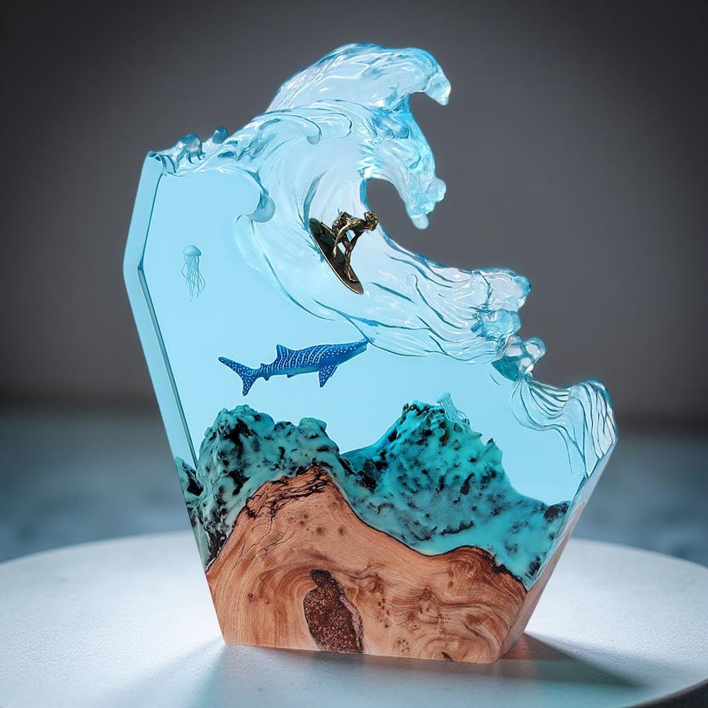 Ocean Wave & Whale Resin Art Lamp – Handmade Wave Sculpture with Wood Base