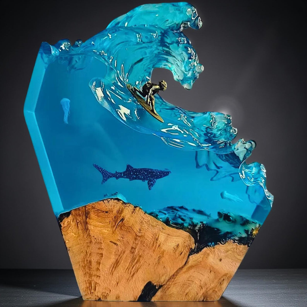 Ocean Wave & Whale Resin Art Lamp – Handmade Wave Sculpture with Wood Base