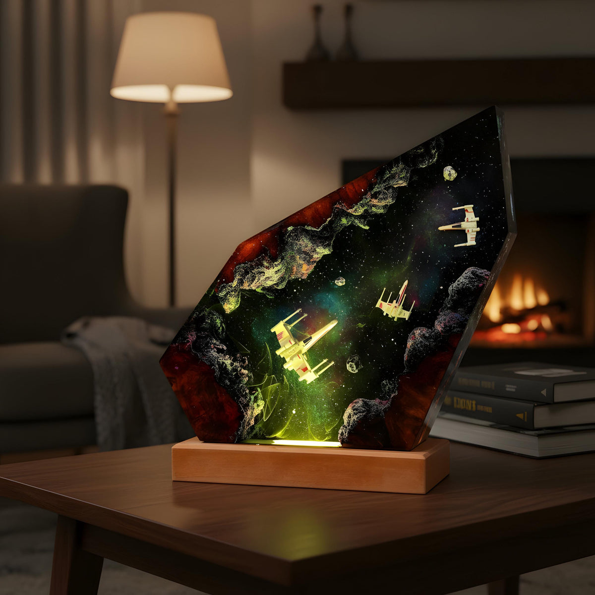 Galaxy Spaceship Resin Night Light: Space Battle Epoxy LED Lamp