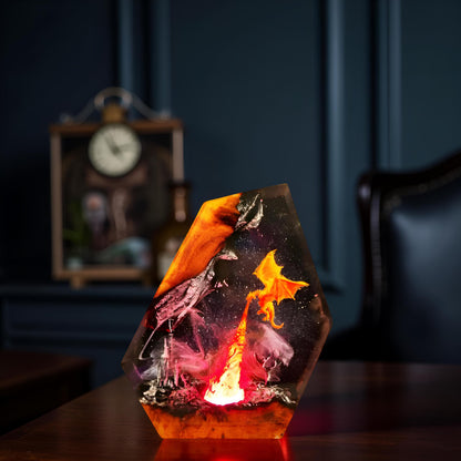 Dragon Volcano Resin Art Lamp – Handmade Night Light with Castle Scene