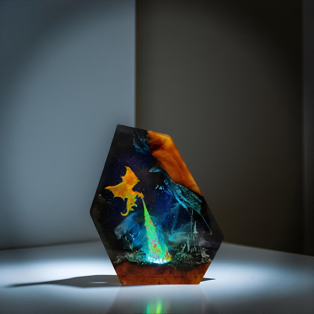 Dragon Volcano Resin Art Lamp – Handmade Night Light with Castle Scene