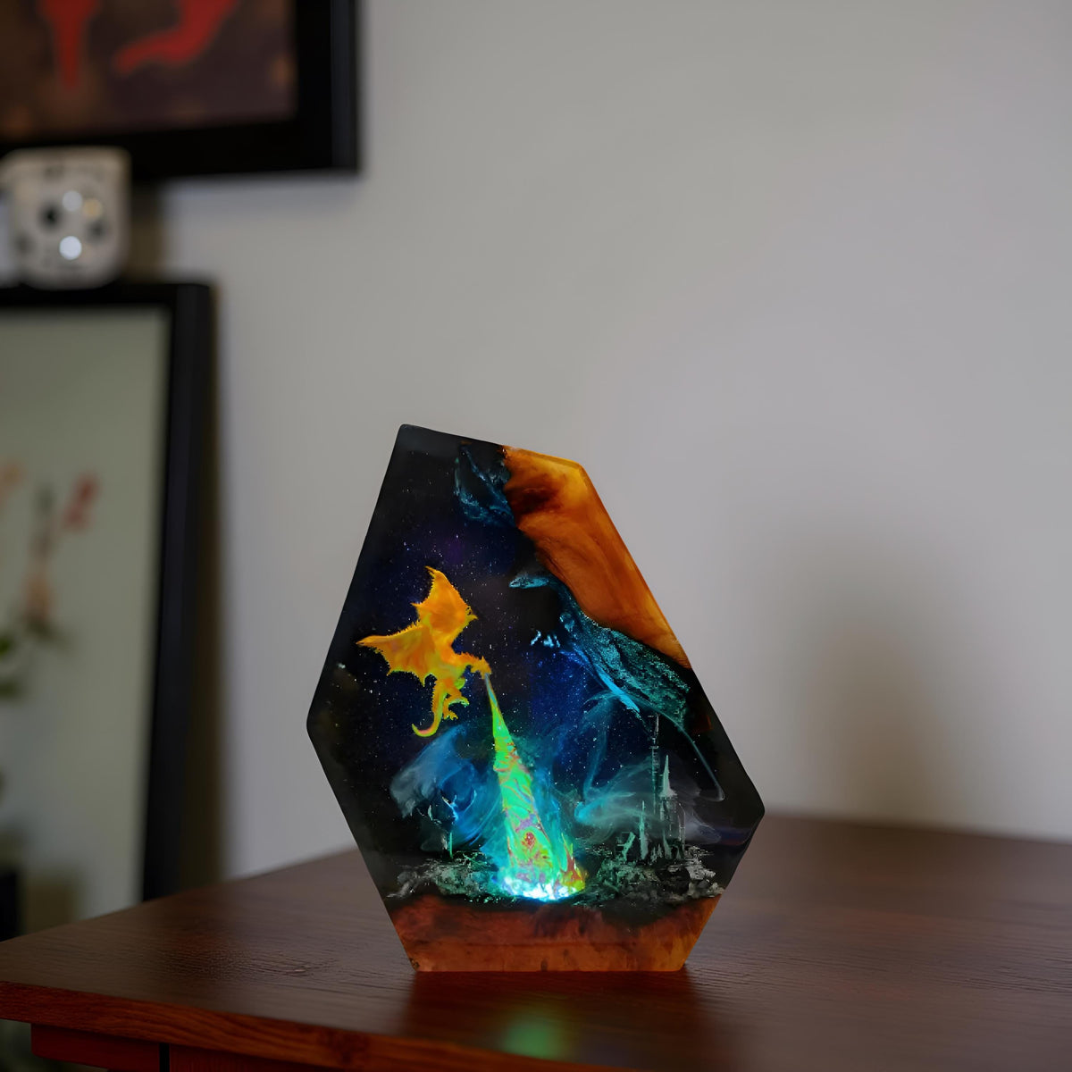Dragon Volcano Resin Art Lamp – Handmade Night Light with Castle Scene