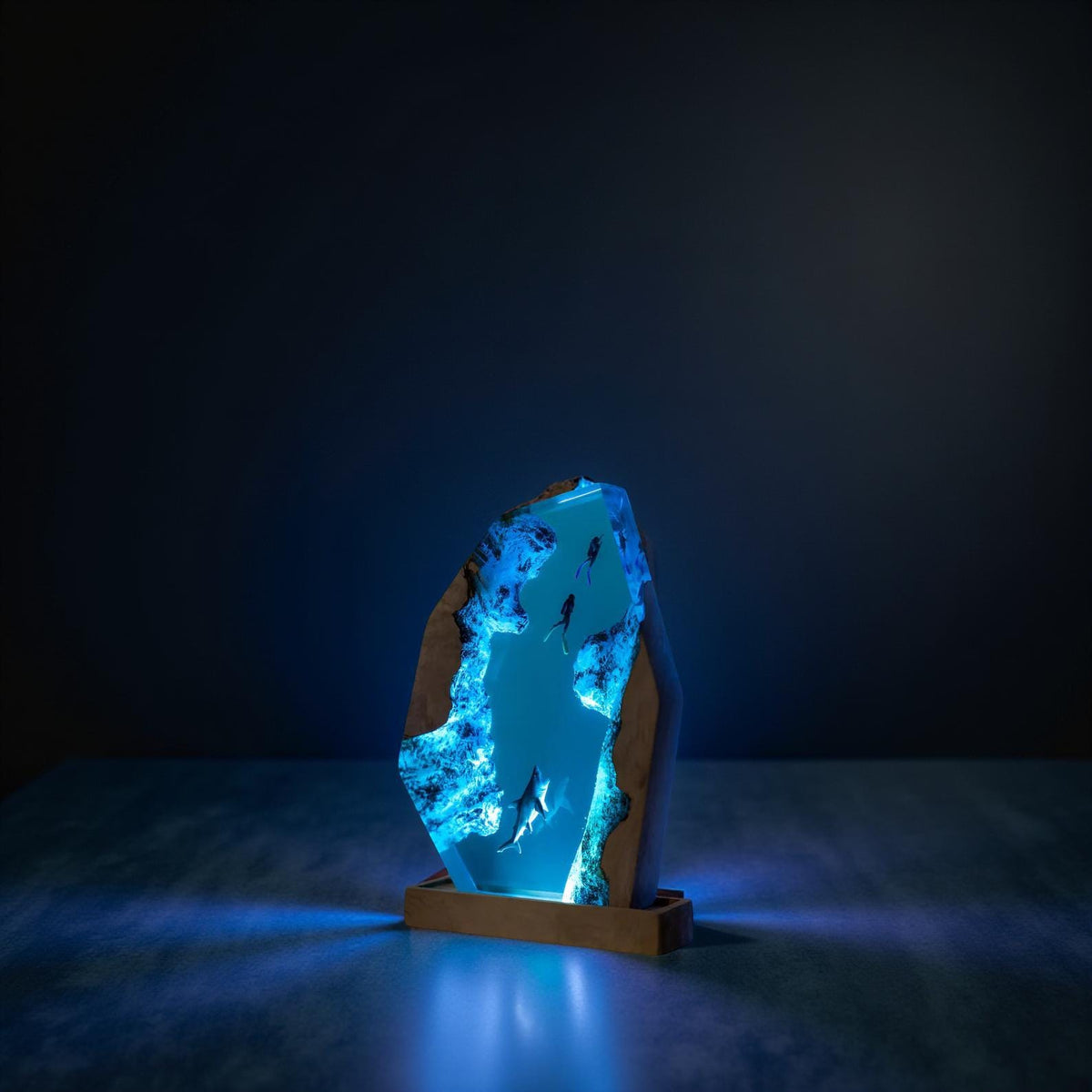 Ocean Depths Resin Night Light – Shark & Diver Underwater Scene Lamp