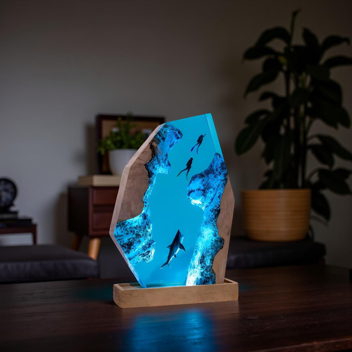 Ocean Depths Resin Night Light – Shark & Diver Underwater Scene Lamp