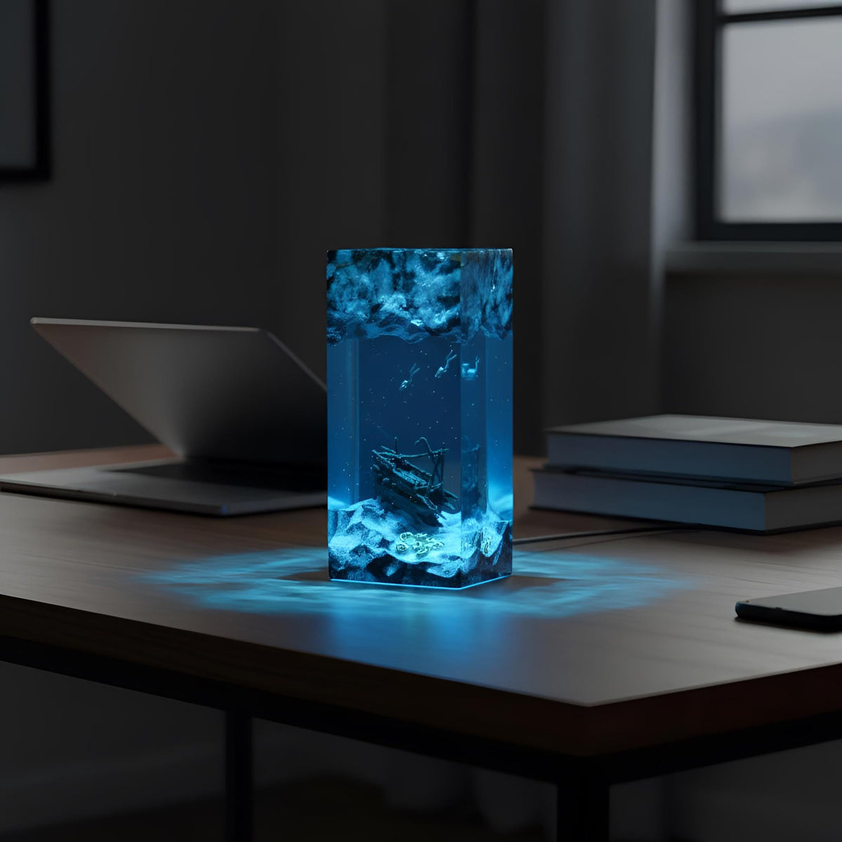 Resin Lamp Shipwreck Ocean Scene: Handmade LED Night Light