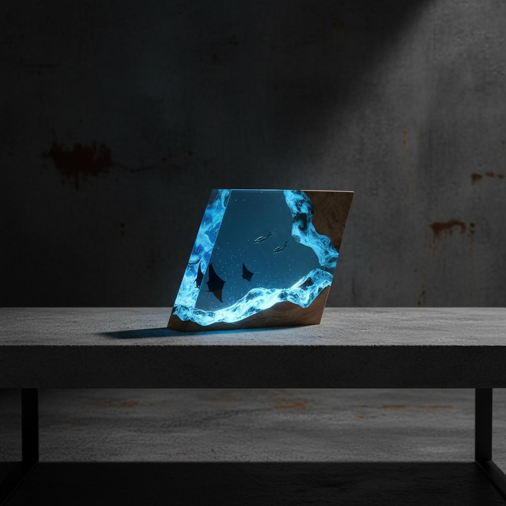 Manta Ray Diver Resin Night Light: Marine Epoxy Wood Desktop Lamp