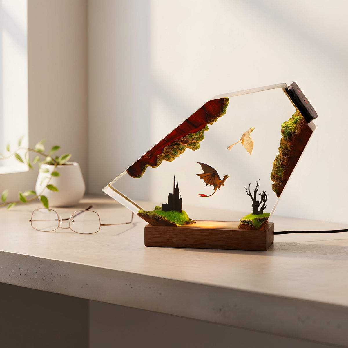 Dragon Trainer Resin Night Light: Fantasy Couple Epoxy LED Lamp