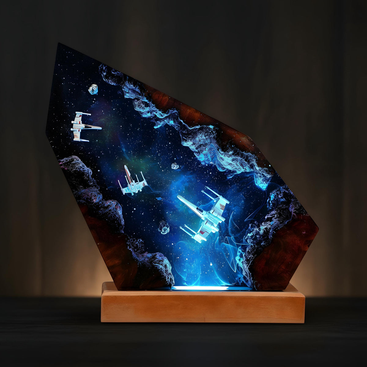 Galaxy Spaceship Resin Night Light: Space Battle Epoxy LED Lamp