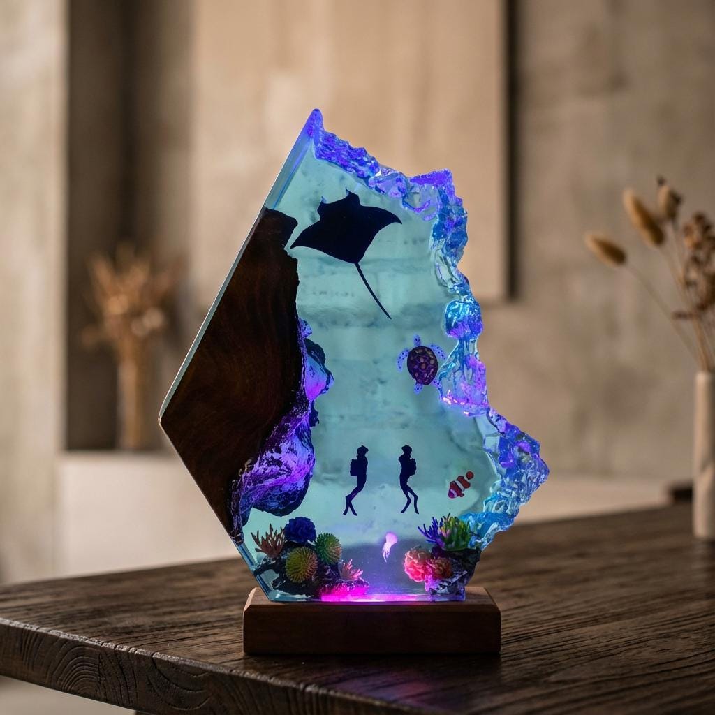 Manta Ray & Scuba Diver Resin Lamp: Epoxy Art Ocean Night Light
