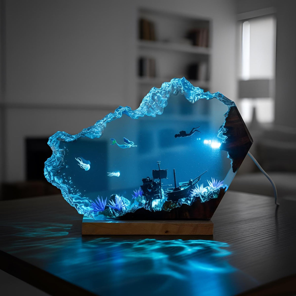 Mermaid & Diver Resin Lamp: Ocean Scene LED Night Light