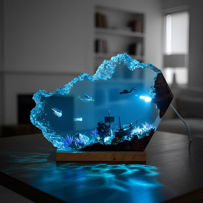 Mermaid & Diver Resin Lamp: Ocean Scene LED Night Light