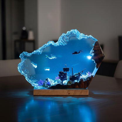 Mermaid & Diver Resin Lamp: Ocean Scene LED Night Light