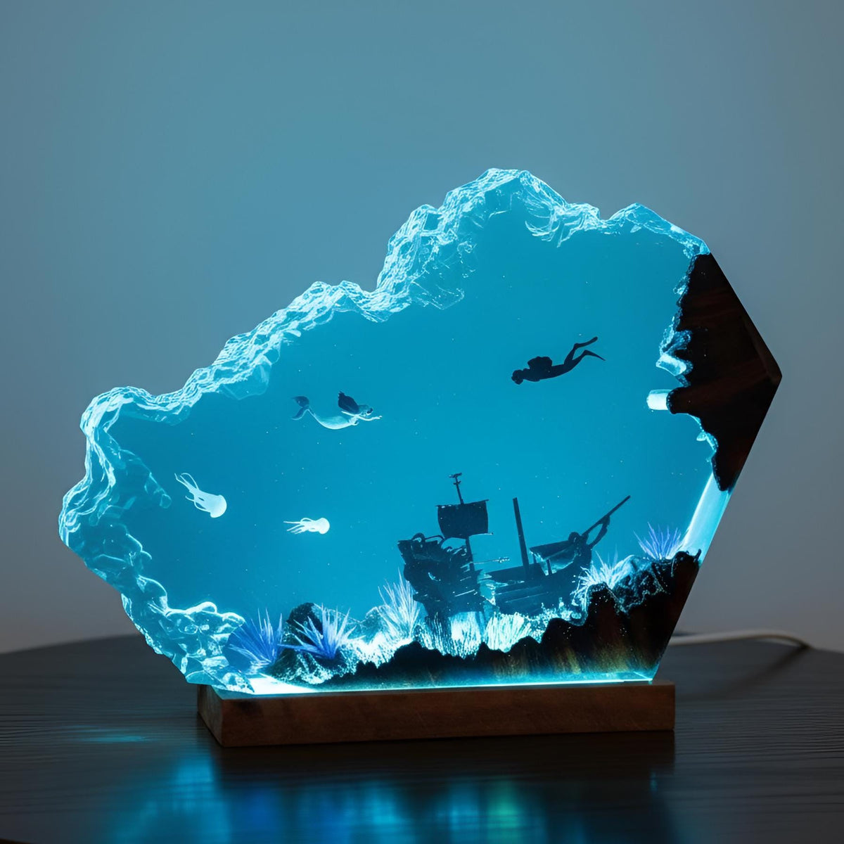 Mermaid & Diver Resin Lamp: Ocean Scene LED Night Light