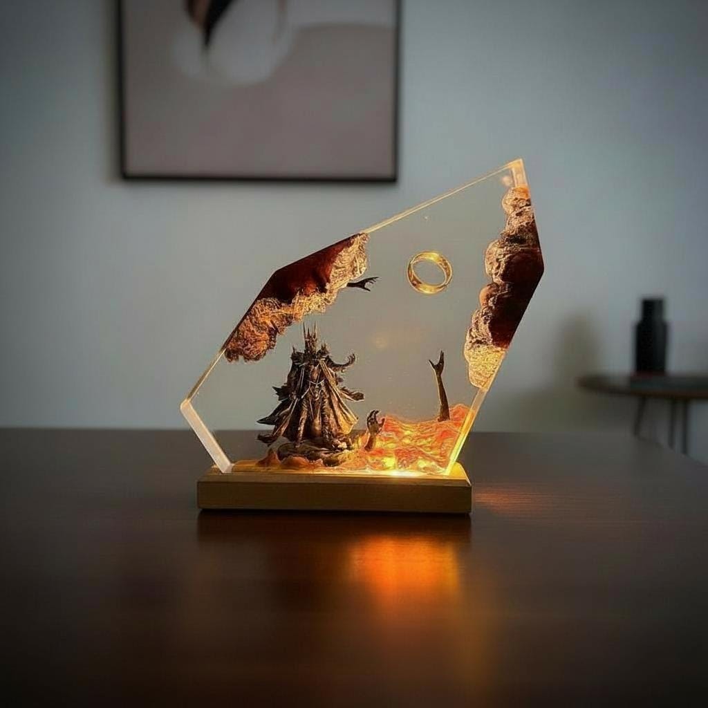 Dark Fantasy Fire LOTR Resin Lamp: Handmade LED Night Light
