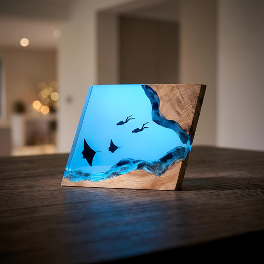 Manta Ray Diver Resin Night Light: Marine Epoxy Wood Desktop Lamp