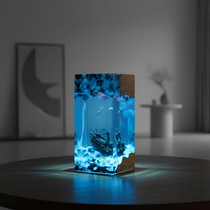 Resin Lamp Shipwreck Ocean Scene: Handmade LED Night Light