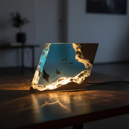 Manta Ray Diver Resin Night Light: Marine Epoxy Wood Desktop Lamp