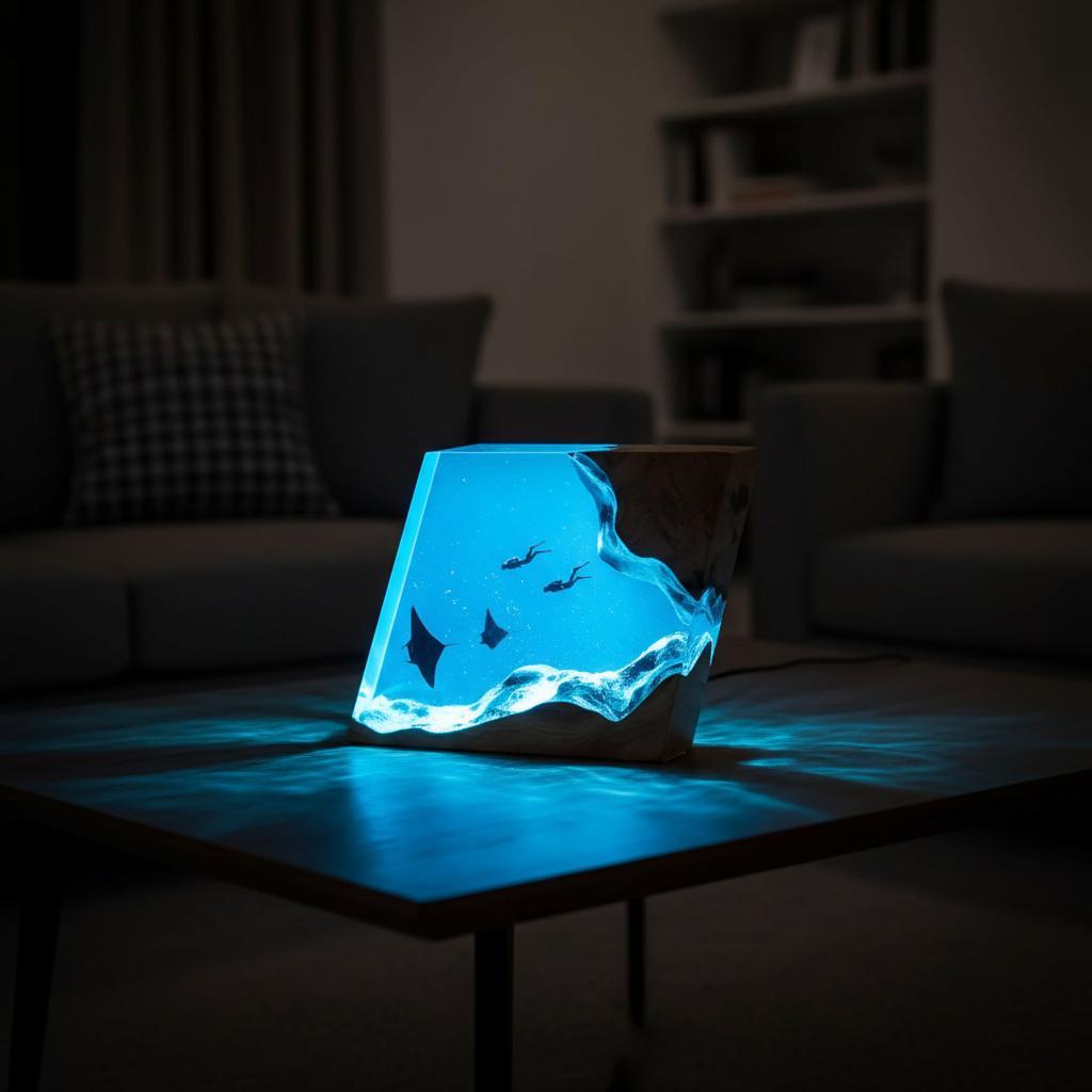 Manta Ray Diver Resin Night Light: Marine Epoxy Wood Desktop Lamp