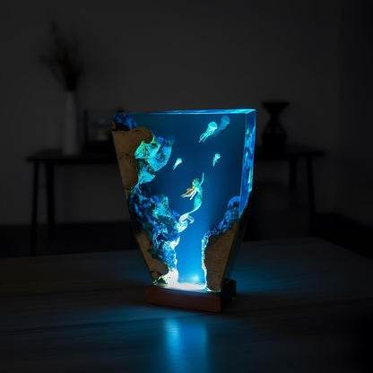 Mermaid Jellyfish Resin Lamp: Ocean Epoxy Night Light with Wooden Base