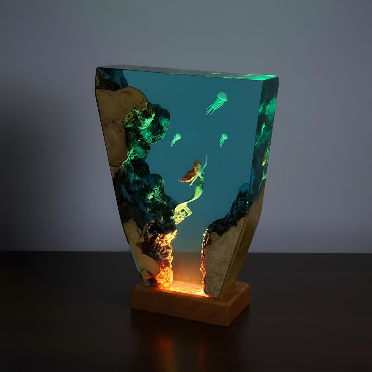 Mermaid Jellyfish Resin Lamp: Ocean Epoxy Night Light with Wooden Base
