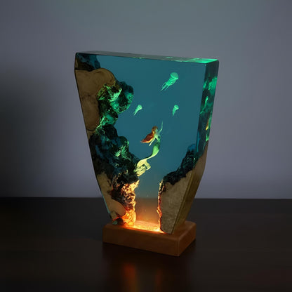 Mermaid Jellyfish Resin Lamp: Ocean Epoxy Night Light with Wooden Base