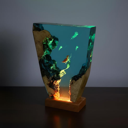 Mermaid Jellyfish Resin Lamp: Ocean Epoxy Night Light with Wooden Base
