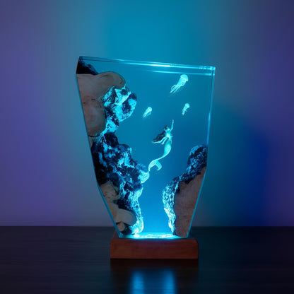 Mermaid Jellyfish Resin Lamp: Ocean Epoxy Night Light with Wooden Base
