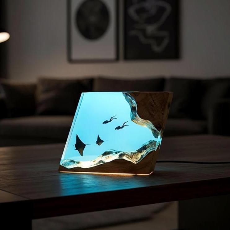 Manta Ray Diver Resin Night Light: Marine Epoxy Wood Desktop Lamp