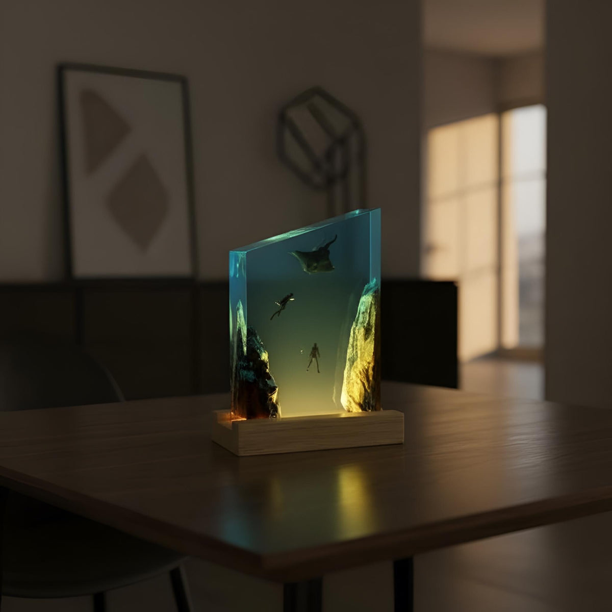 Manta Ray Diver Resin Night Light: Ocean LED Desk Lamp