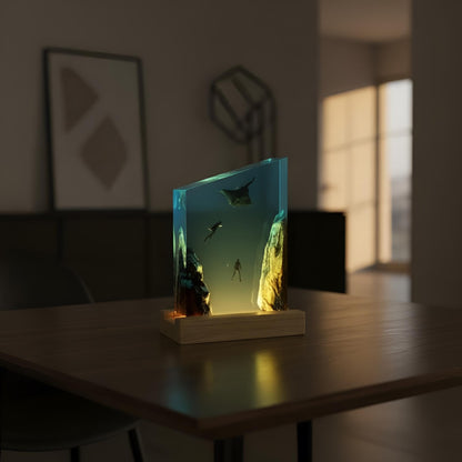 Manta Ray Diver Resin Night Light: Ocean LED Desk Lamp