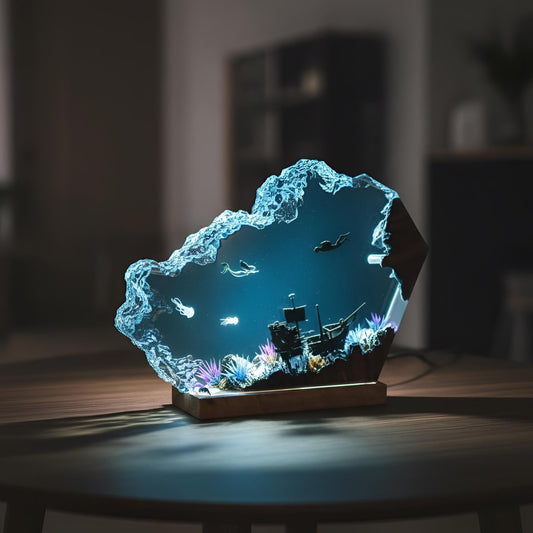 Mermaid & Diver Resin Lamp: Ocean Scene LED Night Light