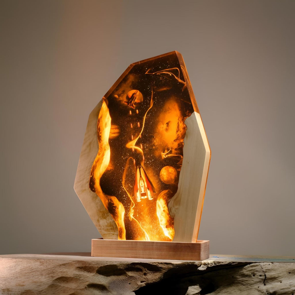 Interstellar Spaceship Resin Lamp: Handmade Solid Wood Night Light