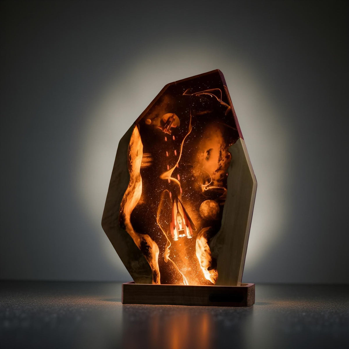 Interstellar Spaceship Resin Lamp: Handmade Solid Wood Night Light