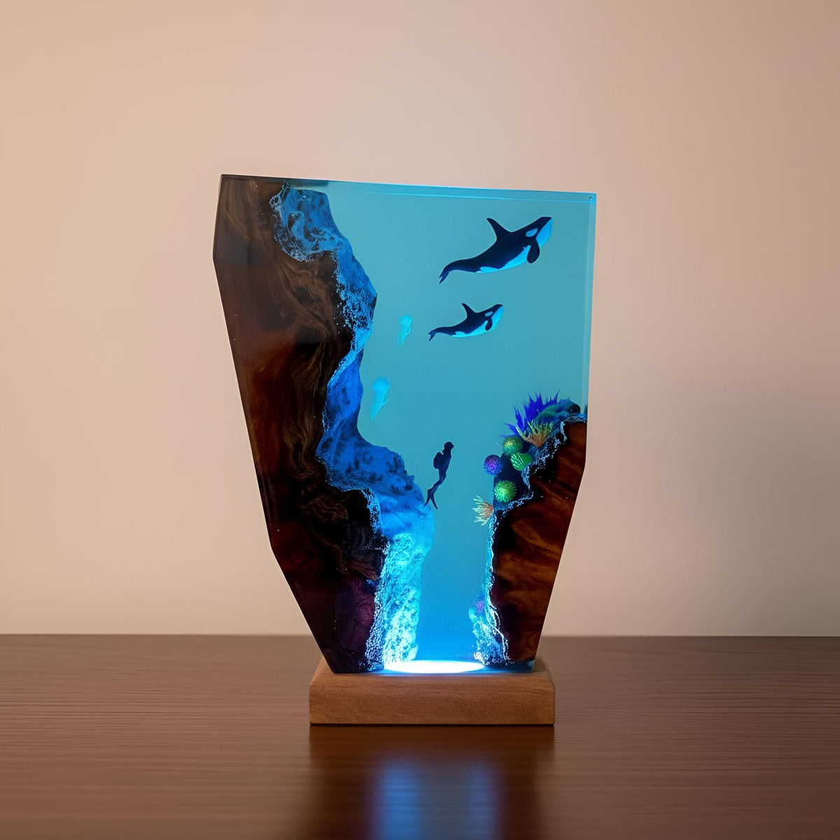 Orca Family Resin Night Light: Whale Ocean LED Desk Lamp