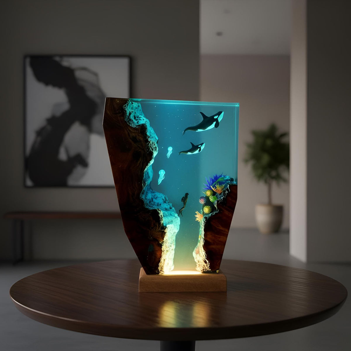 Orca Family Resin Night Light: Whale Ocean LED Desk Lamp