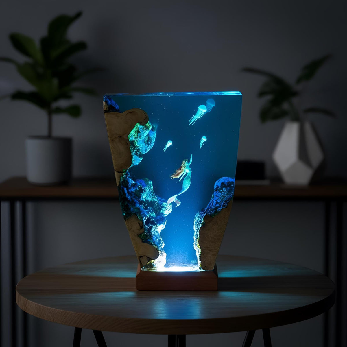 Mermaid Jellyfish Resin Lamp: Ocean Epoxy Night Light with Wooden Base