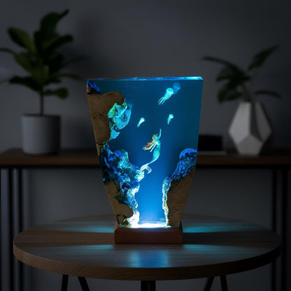 Mermaid Jellyfish Resin Lamp: Ocean Epoxy Night Light with Wooden Base