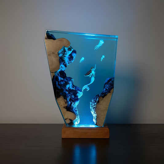 Mermaid Jellyfish Resin Lamp: Ocean Epoxy Night Light with Wooden Base