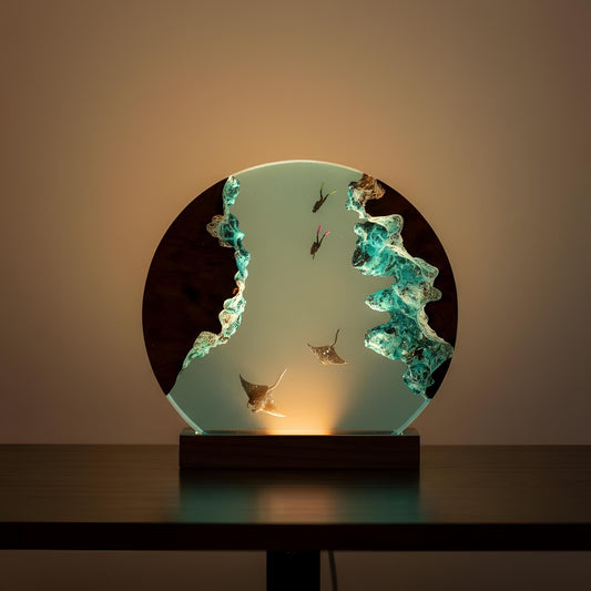 Diver and Manta Ray Resin Lamp: Ocean Solid Wood Night Light