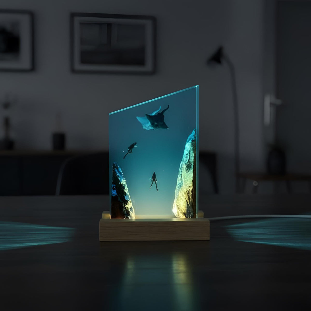 Manta Ray Diver Resin Night Light: Ocean LED Desk Lamp
