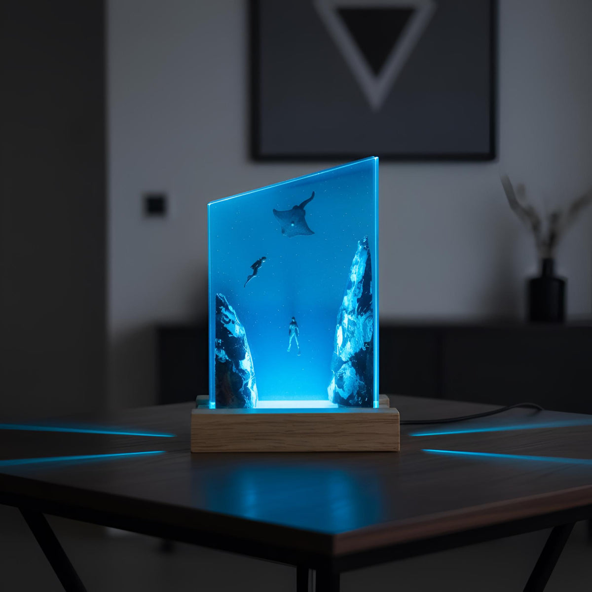 Manta Ray Diver Resin Night Light: Ocean LED Desk Lamp
