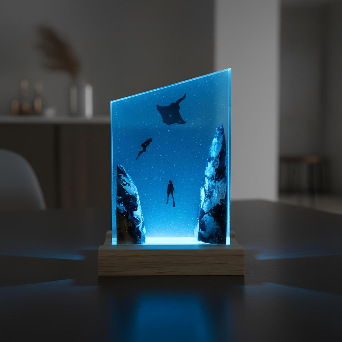 Manta Ray Diver Resin Night Light: Ocean LED Desk Lamp