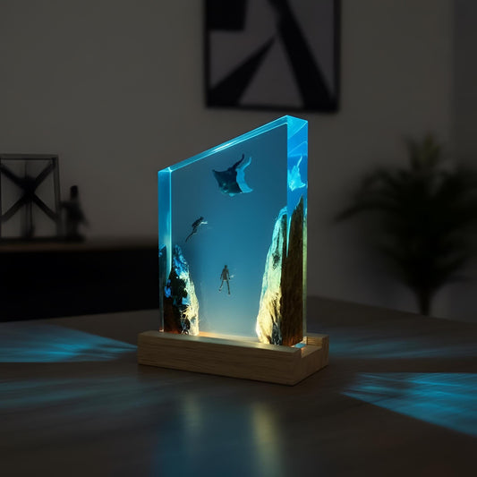 Manta Ray Diver Resin Night Light: Ocean LED Desk Lamp