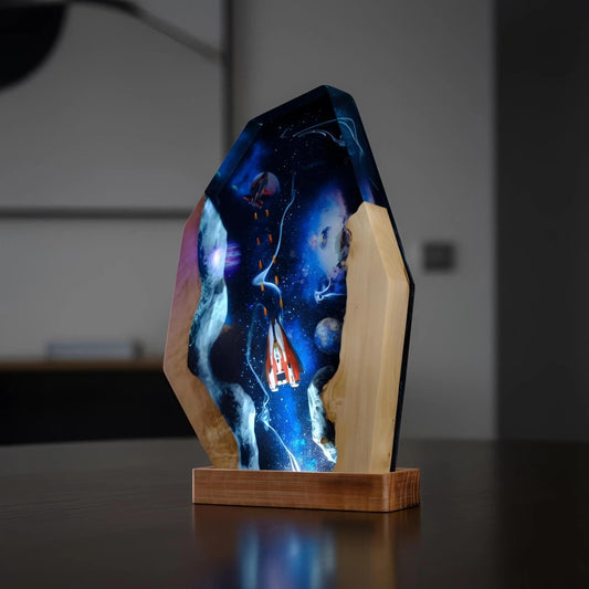 Interstellar Spaceship Resin Lamp: Handmade Solid Wood Night Light