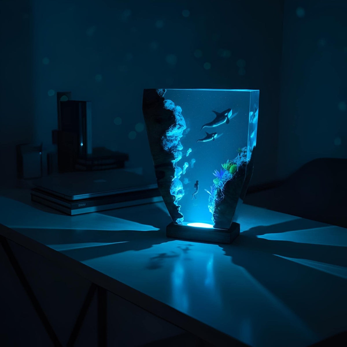 Orca Family Resin Night Light: Whale Ocean LED Desk Lamp