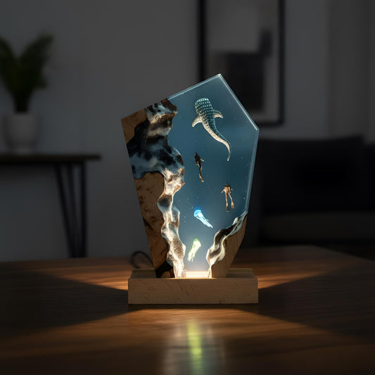 Whale Diver Resin Night Light: Ocean LED Desk Lamp with Jellyfish