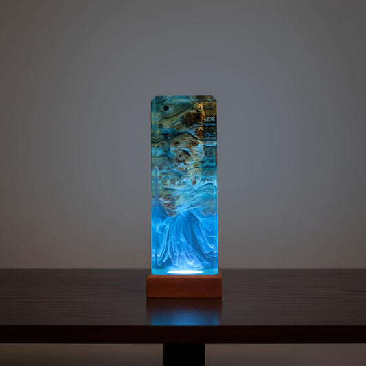 Abstract Ocean Resin Lamp: Color Changing LED Wood Night Light