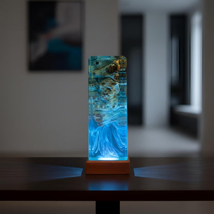 Abstract Ocean Resin Lamp: Color Changing LED Wood Night Light