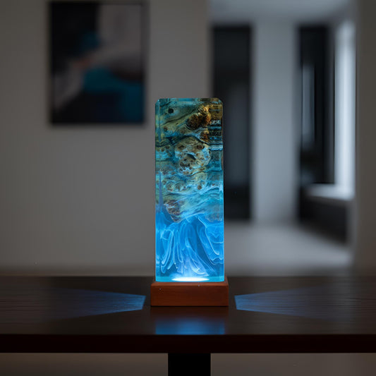 Abstract Ocean Resin Lamp: Color Changing LED Wood Night Light